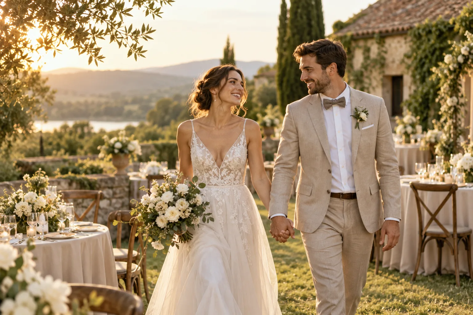 A smiling bride and groom at a sunlit garden wedding